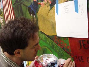 Joel signing AMERICAN FUNDAMENTALISTS canvas, 5/17/04